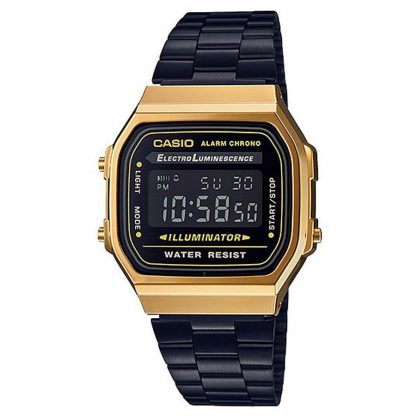 Casio Standard นาฬิกาข้อมือผู้ชาย สายสแตนเลส รุ่น A168WEGB,A168WEGB-1B,A168WEGB-1BDF - สีดำ/ทอง