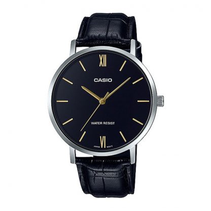 Casio Standard นาฬิกาข้อมือผู้ชาย สายหนังแท้ รุ่น MTP-VT01,MTP-VT01L,MTP-VT01L-1B,MTP-VT01L-1BUDF - สีดำ