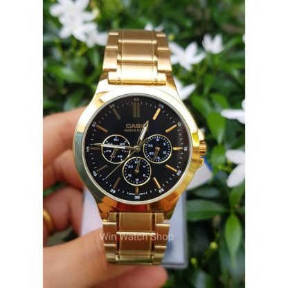 Casio Standard รุ่น MTP-V300G-1A นาฬิกาข้อมือผู้ชายสายสแตนเลสสีทอง หน้าปัดสีดำ -มั่นใจ ของแท้ 100% ประกันศูนย์ 1 ปีเต็ม
