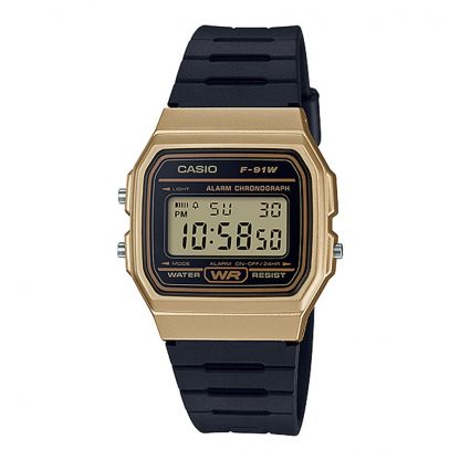Casio Standard Digital นาฬิกาข้อมือผู้ชาย สายเรซิ่น รุ่น F-91,F-91WM,F-91WM-9A (CMG) - สีทองสายสีดำ