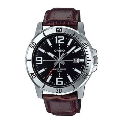 Casio Standard นาฬิกาข้อมือผู้ชาย สายหนังแท้ รุ่น MTP-VD01,MTP-VD01L,MTP-VD01L-1B - สีเงิน